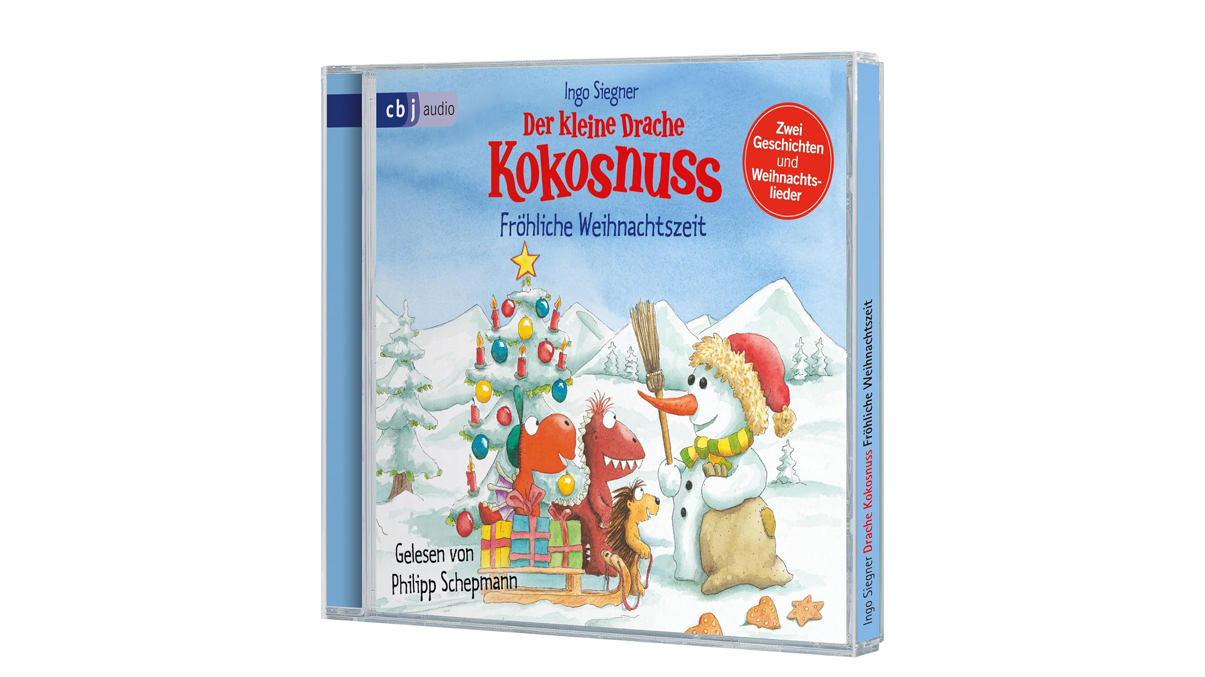 CD-Hülle mit Weihnachtsmotiv: Der kleine Drache Kokosnuss, Schneemann, Tannenbaum und Geschenke im Schnee