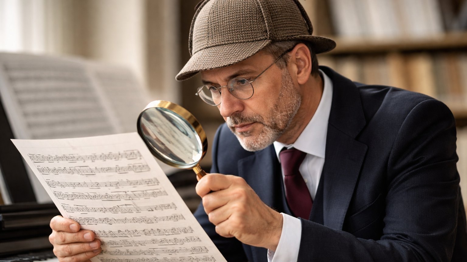 Ein Musikwissenschaftler mit Lupe untersucht ein Notenblatt