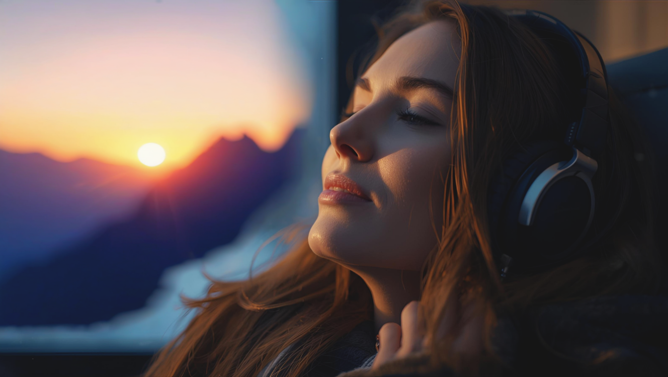 Person mit Kopfhörern sitzt am Fenster, draußen fällt Schnee, entspannte Atmosphäre