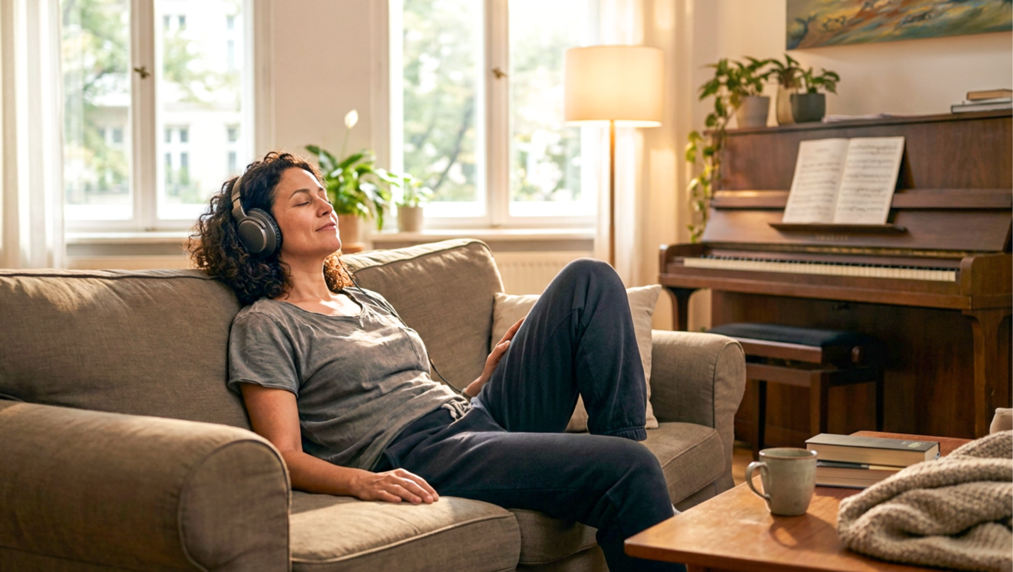 Frau hört auf Ihrem Sofa entspannende Klavier Musik