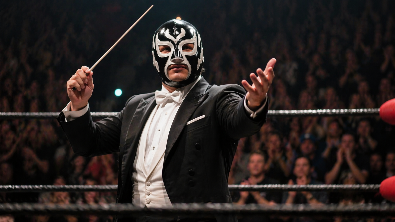 Dirigent steht im Ring mit Wrestler-Maske