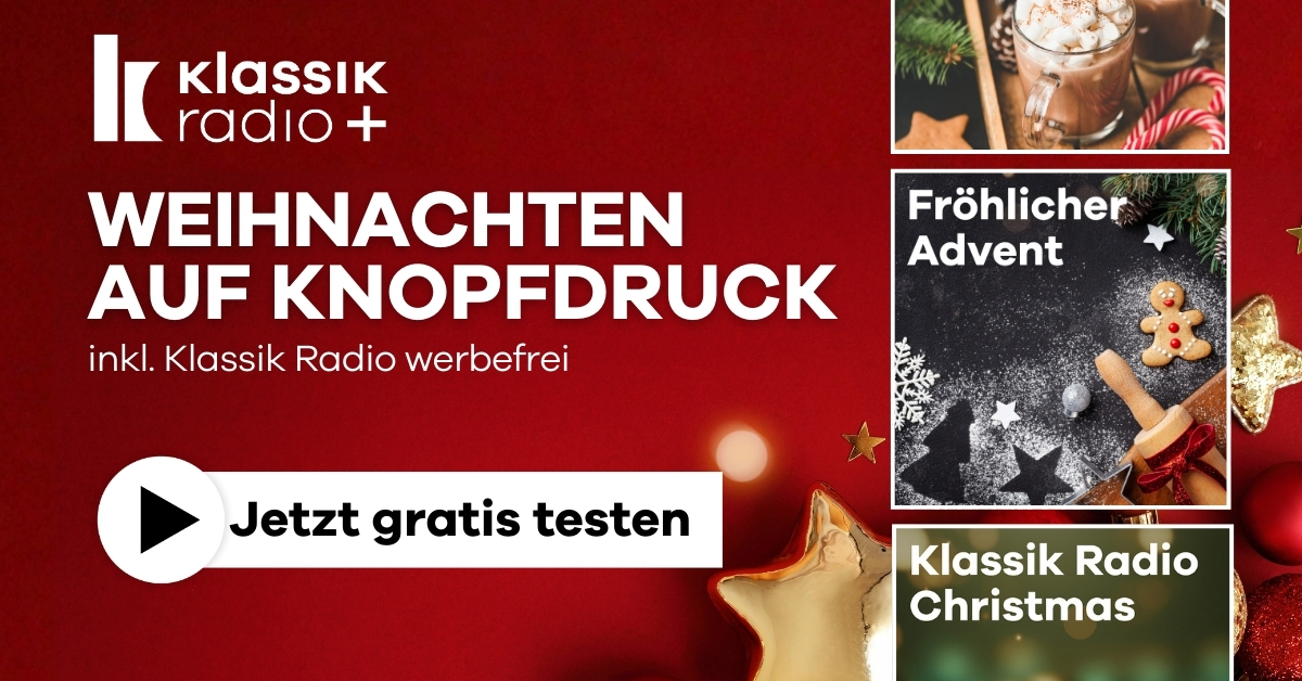 Weihnachtliche Radiosender-Cover mit Weihnachtskugeln, Schneeflocken und Button „Jetzt gratis testen“