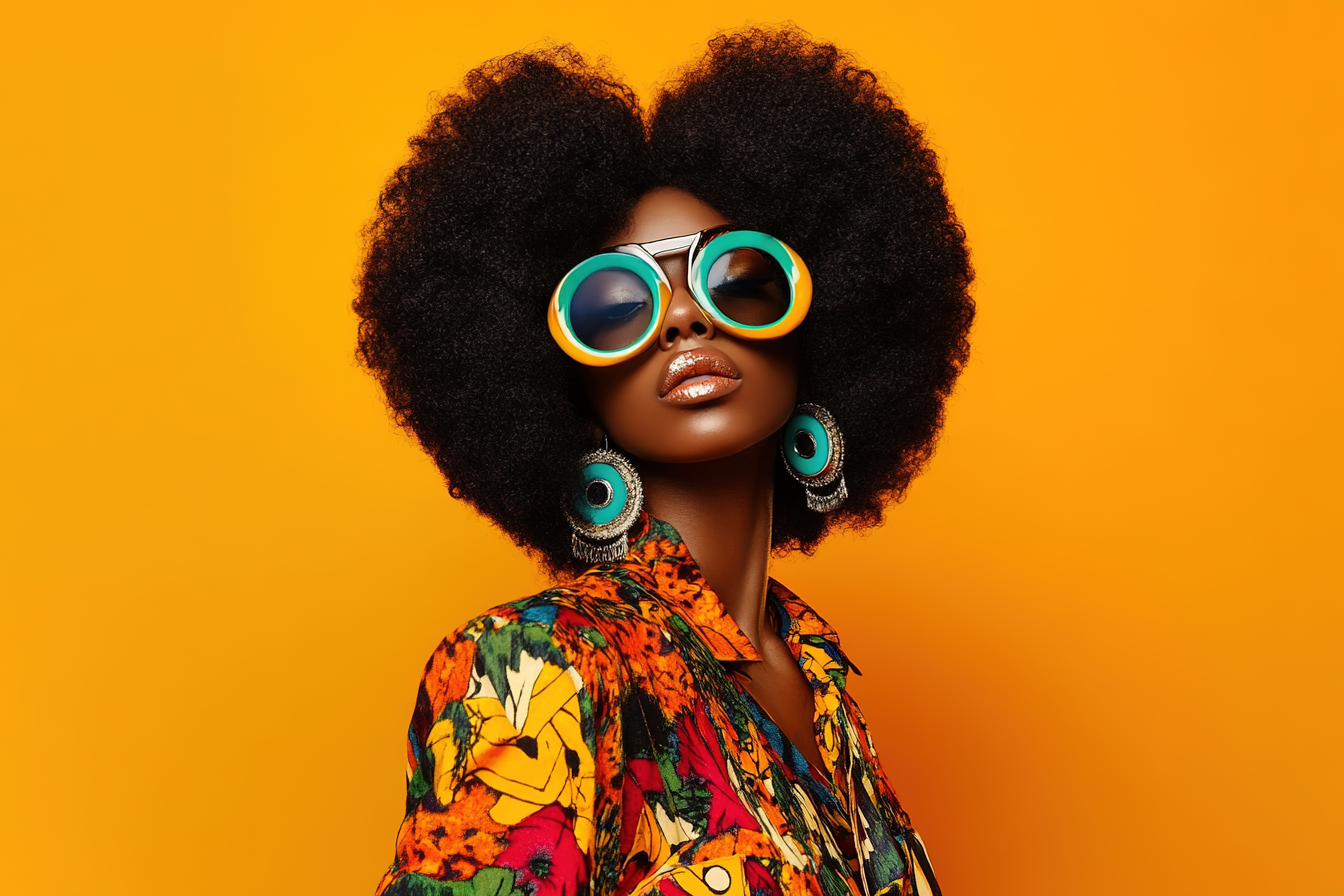 Stylische afrikanische Frau mit bunter Bluse und auffälliger, übergroßer Brille