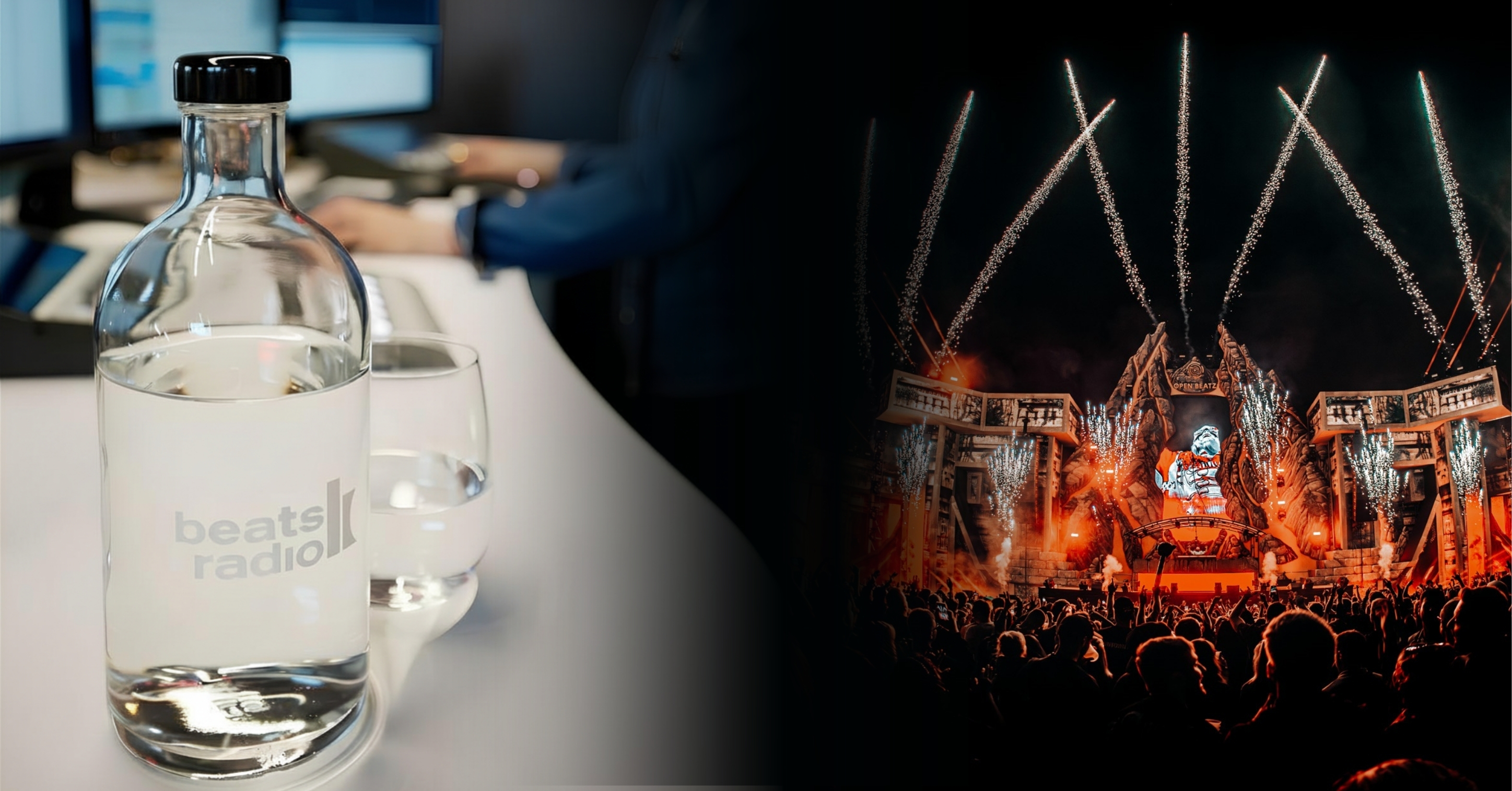 Beats Radio Glasflasche und Open Beats Festival am Abend mit Feuerwerk