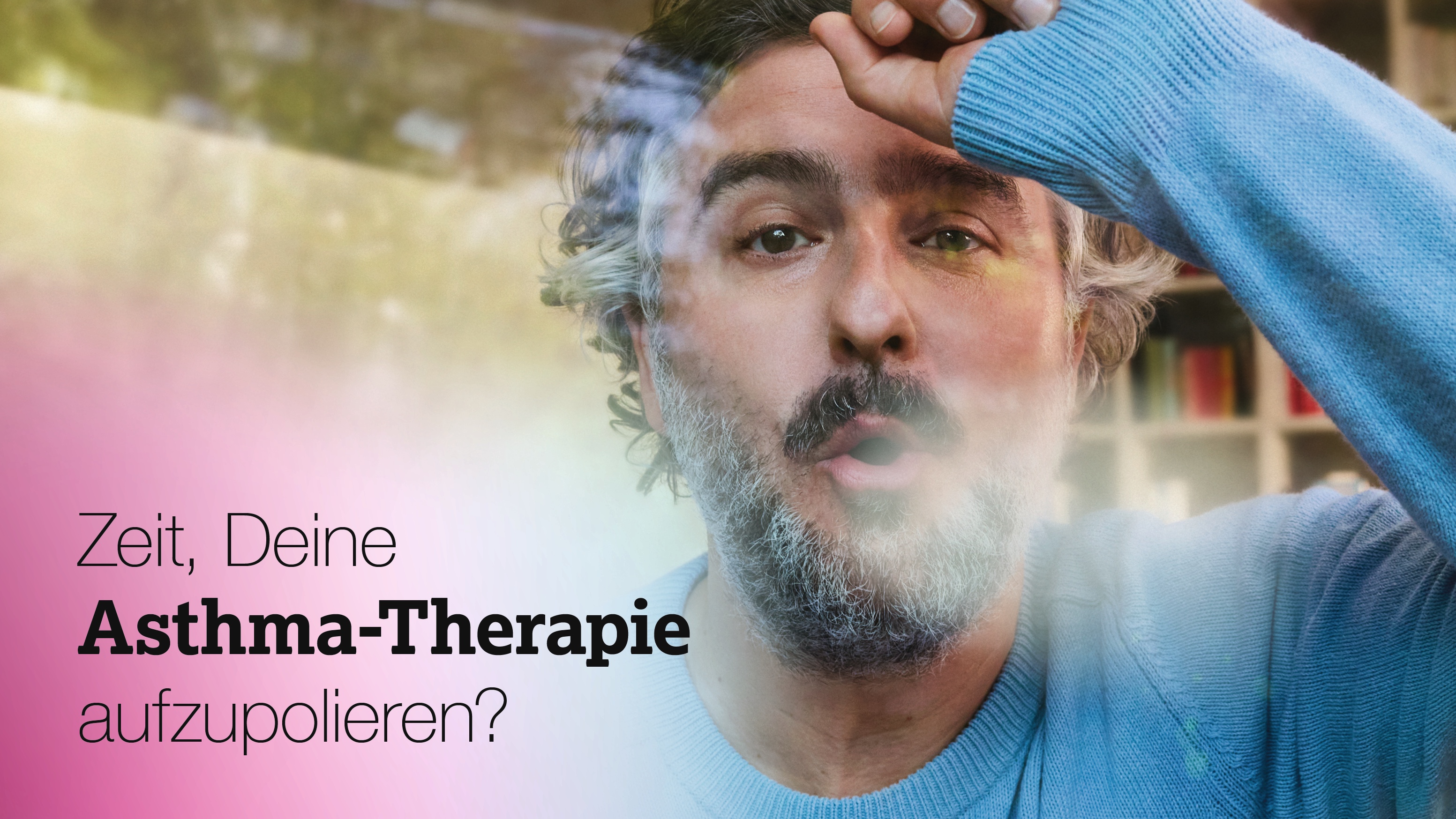 Mann mit lockigem Haar in blauem Pullover, Text: Zeit, Deine Asthma-Therapie aufzupolieren?
