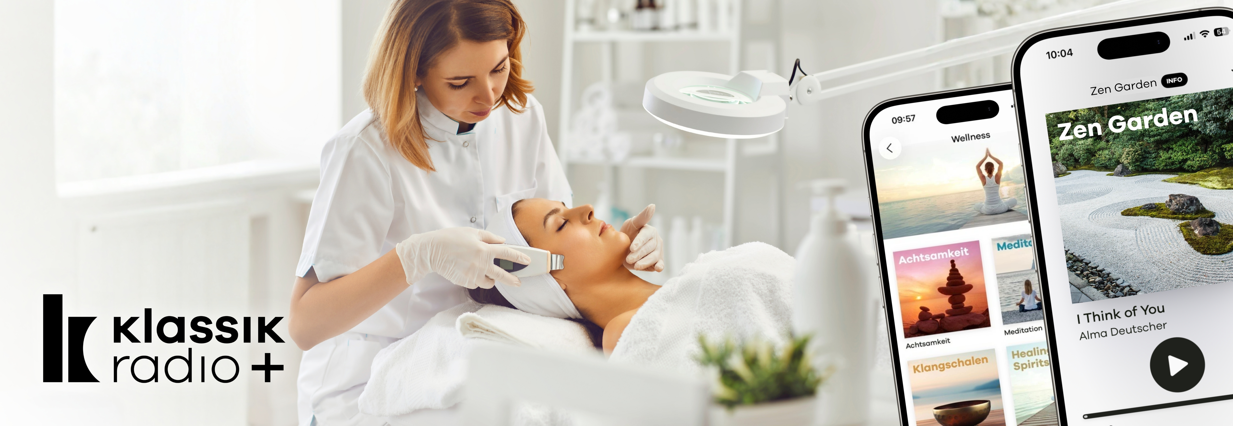 Frau mit Unternehmen führt Beauty-Behandlung durch während entspannende Musik läuft.