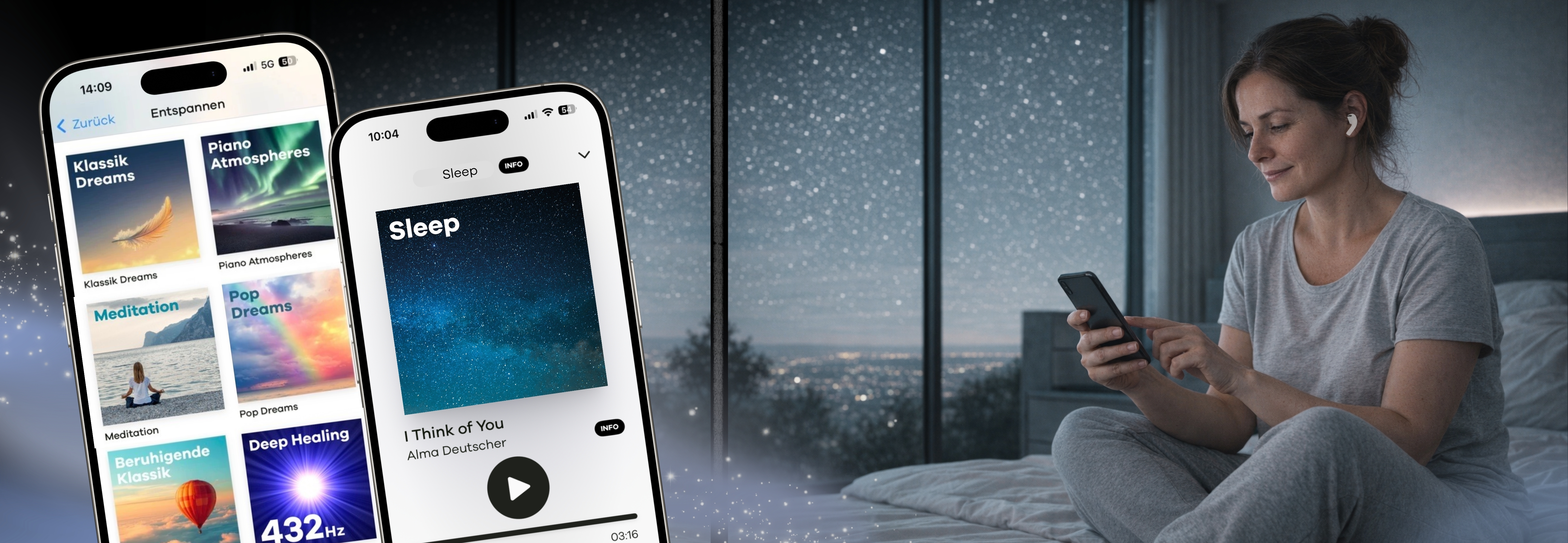 Frau, die am Handy Musik zum Einschlafen aussucht