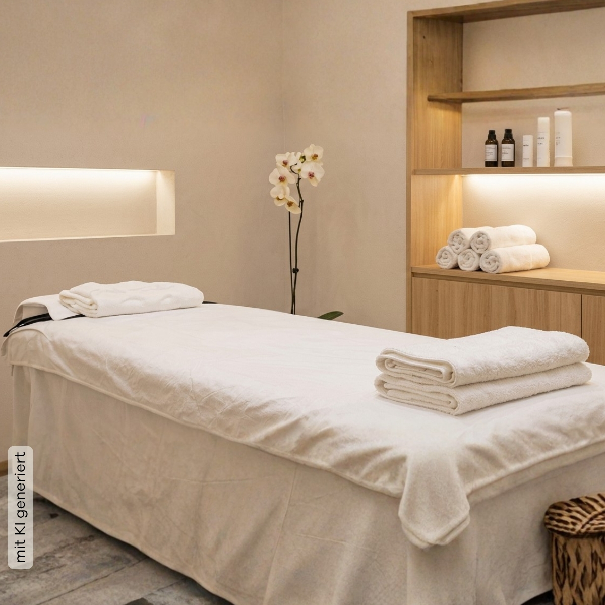  Wellness-Bereiches mit einer Massage-Liege und Handtüchern