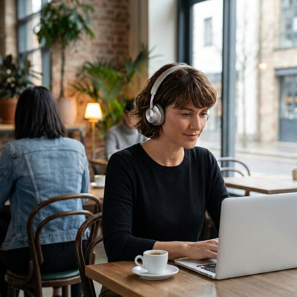 Eine Frau hört in einem Café mit On-Ear Kopfhörern Jazz Musik.