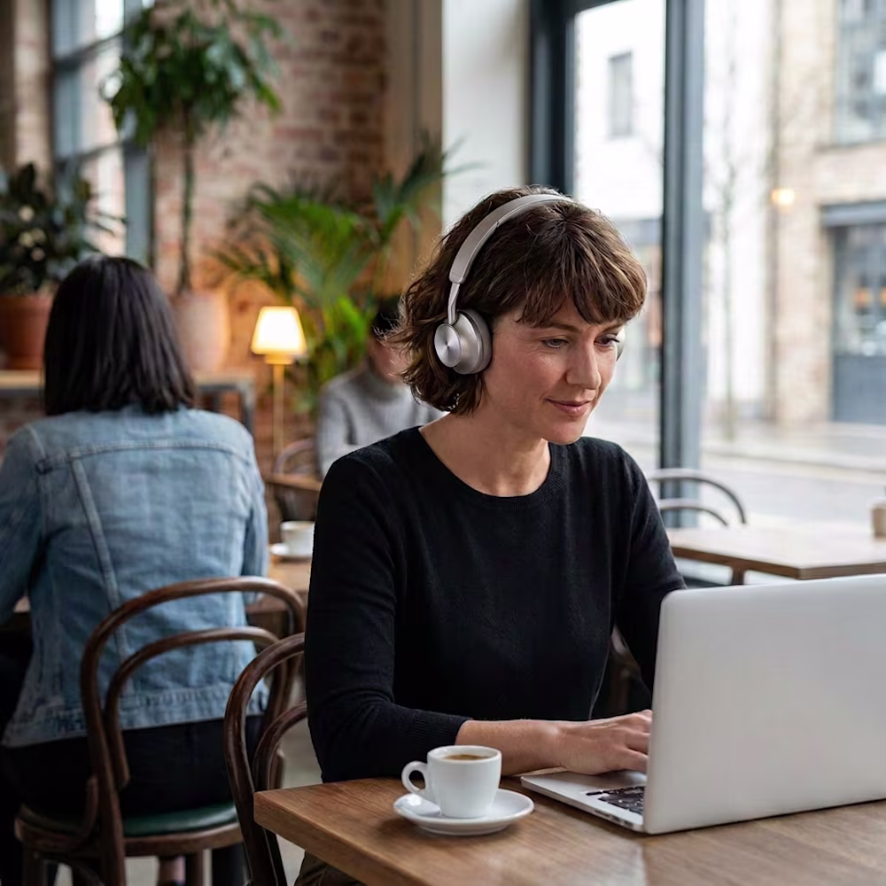 Eine Frau hört in einem Café mit On-Ear Kopfhörern Jazz Musik.