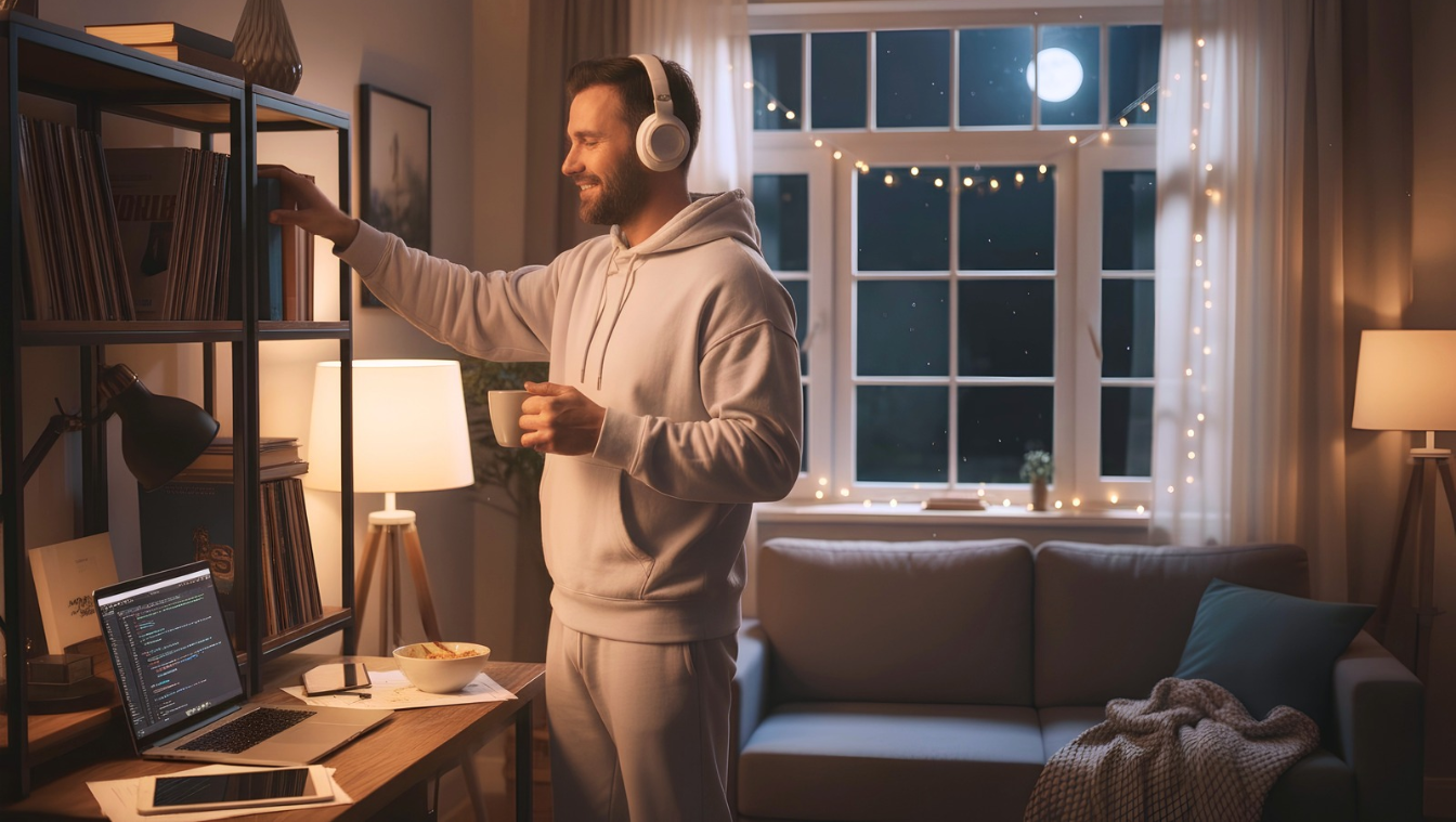 Mann hört Musik Zuhause in der Nacht