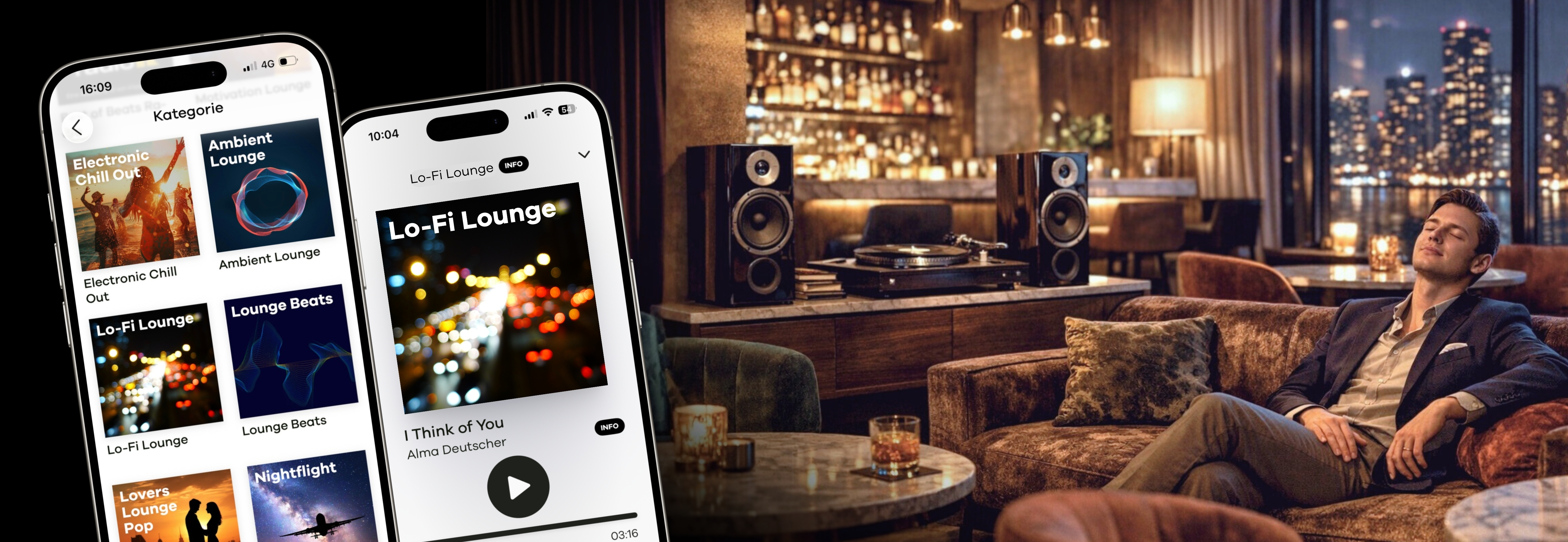 Person hört in einer Hotellobby entspannt Lounge Musik