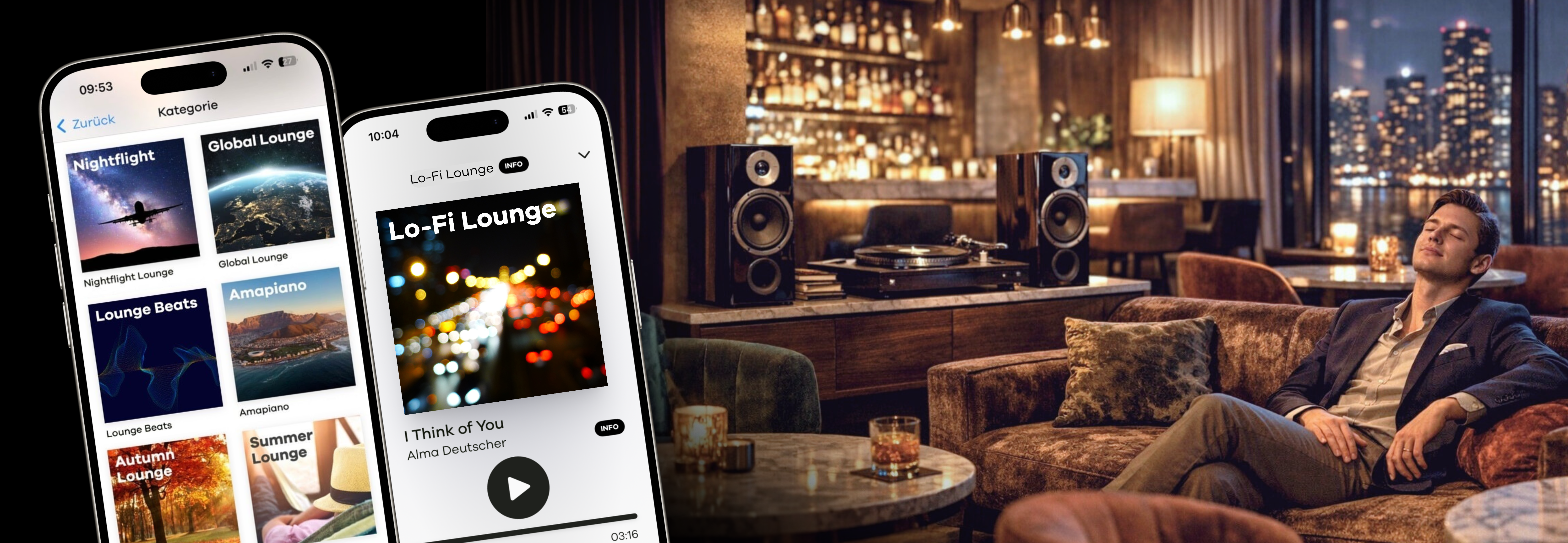 Person hört in einer Hotellobby entspannt Lounge Musik