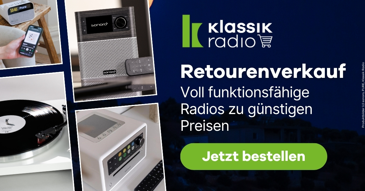 Text: Retourenverkauf - voll funktionsfähige Radios zu günstigen Preisen, Bilder: Radiowecker, Plattenspieler und Radio