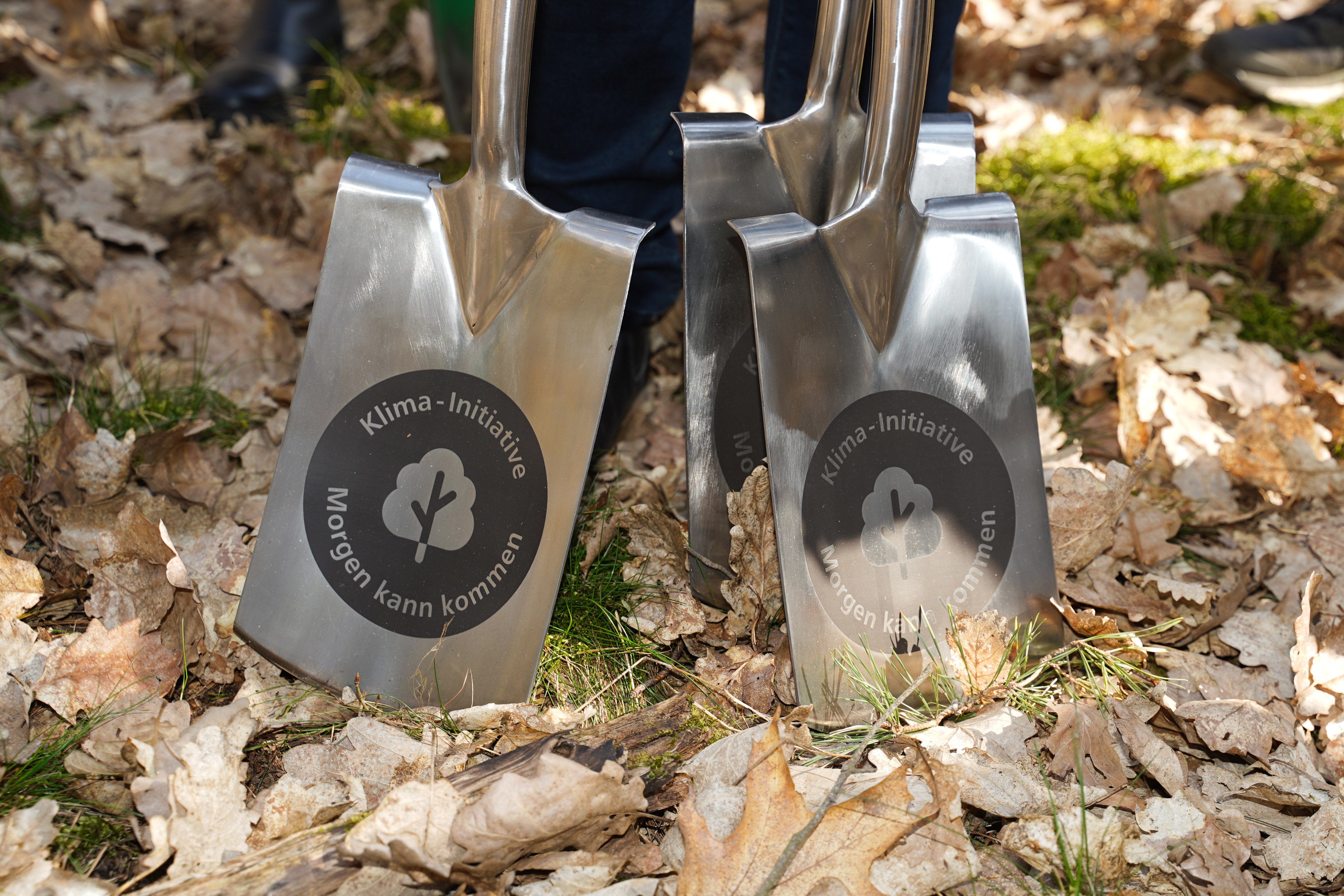 Drei silberne Spaten mit Klima-Initiative-Logo stehen auf Laub im Wald bereit zur Baumpflanzaktion.
