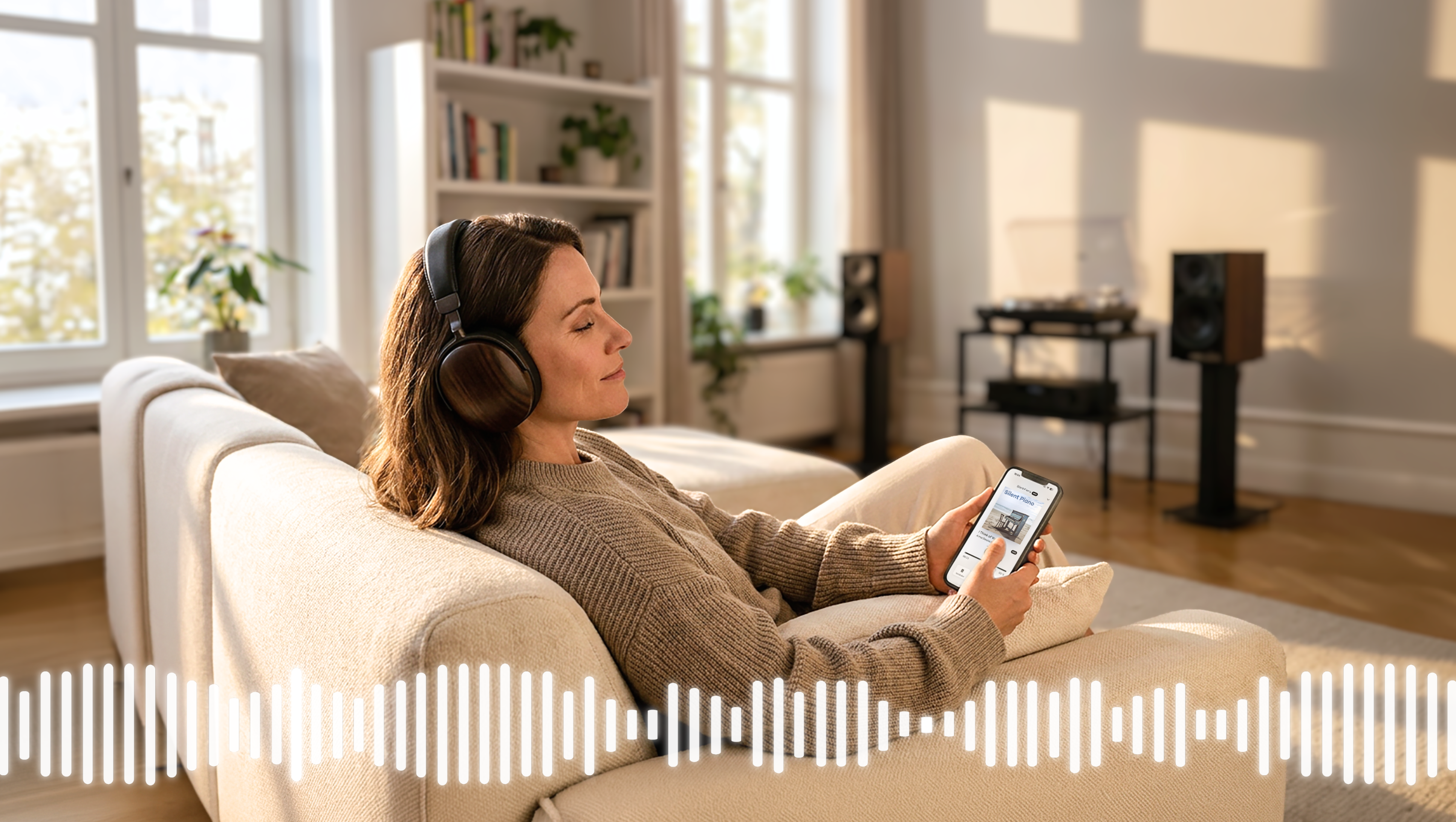 Frau sitzt auf dem Sofa und hört Musik in HD-Qualität bei Klassik Radio Plus.