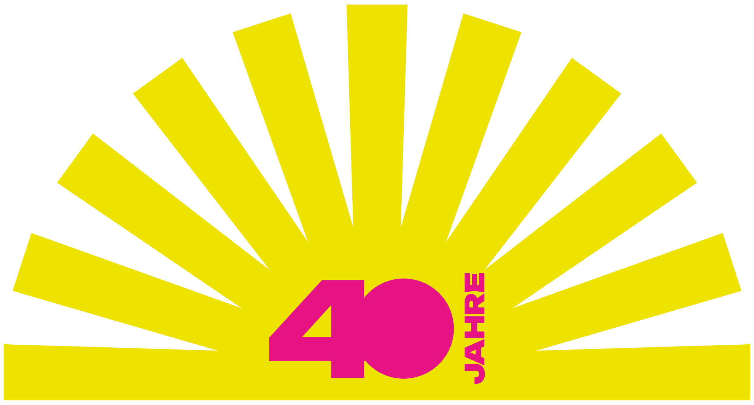 Gelbe Sonne mit pinker Zahl 40 und dem Wort JAHRE, Symbol für ein 40-jähriges Jubiläum