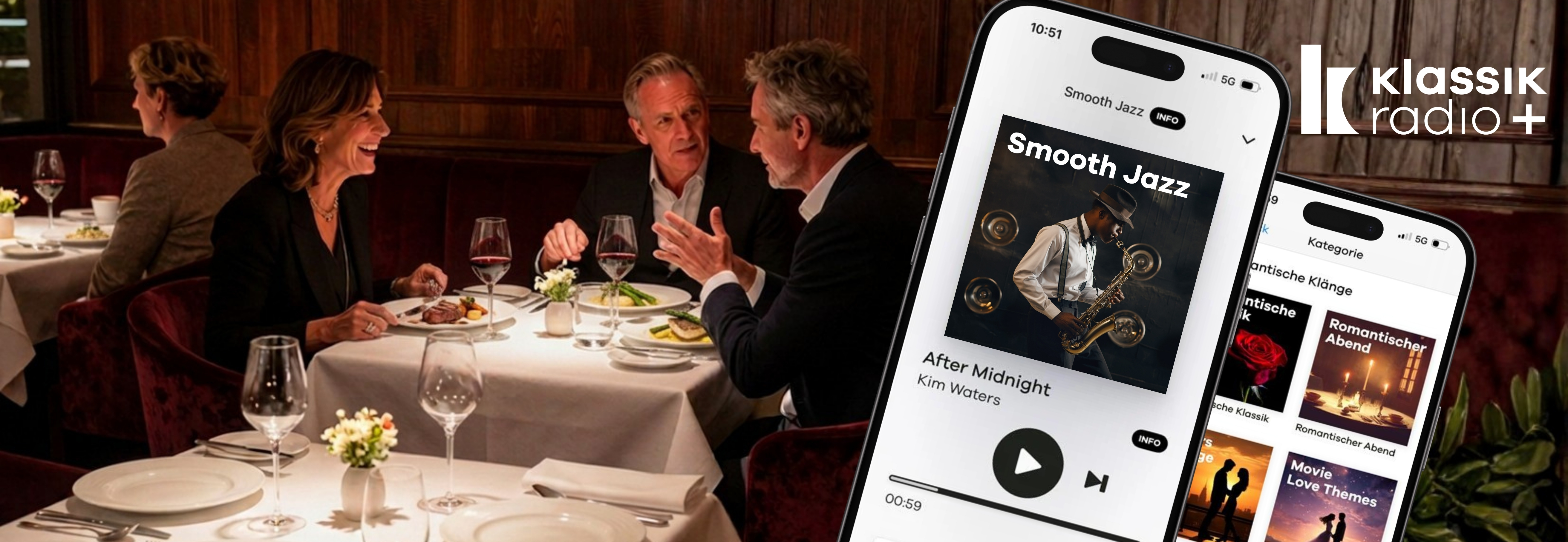 Restaurant im Hintergrund und im Handy der Smooth Jazz-Sender