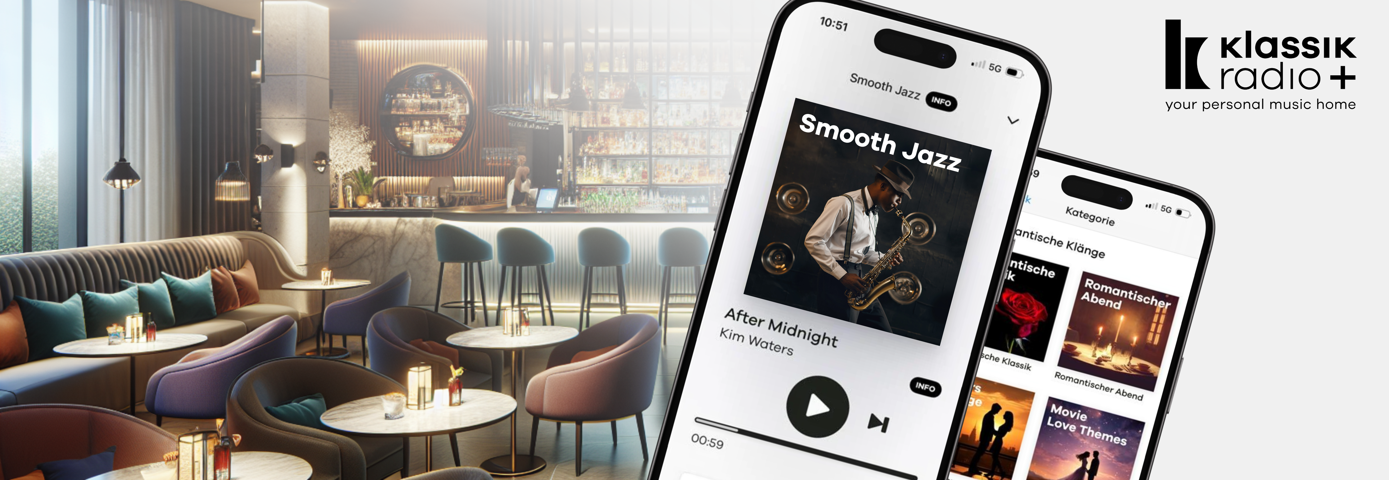 Restaurant im Hintergrund und im Handy der Smooth Jazz-Sender