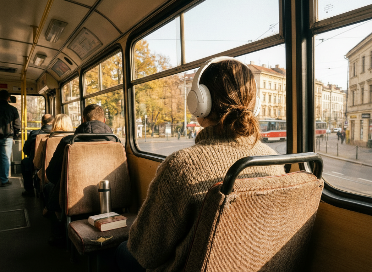 Frau hört Musik und fährt Straßenbahn