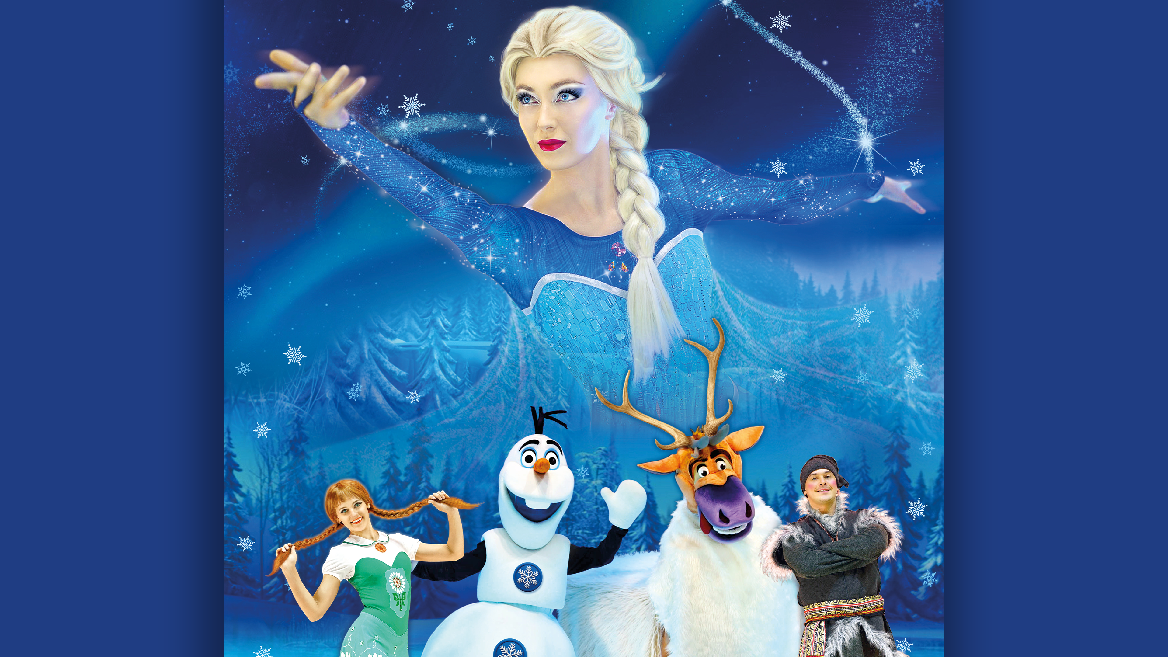 Eiskönigin Elsa mit Anna, Olaf dem Schneemann und Sven dem Rentier vor winterlicher Landschaft