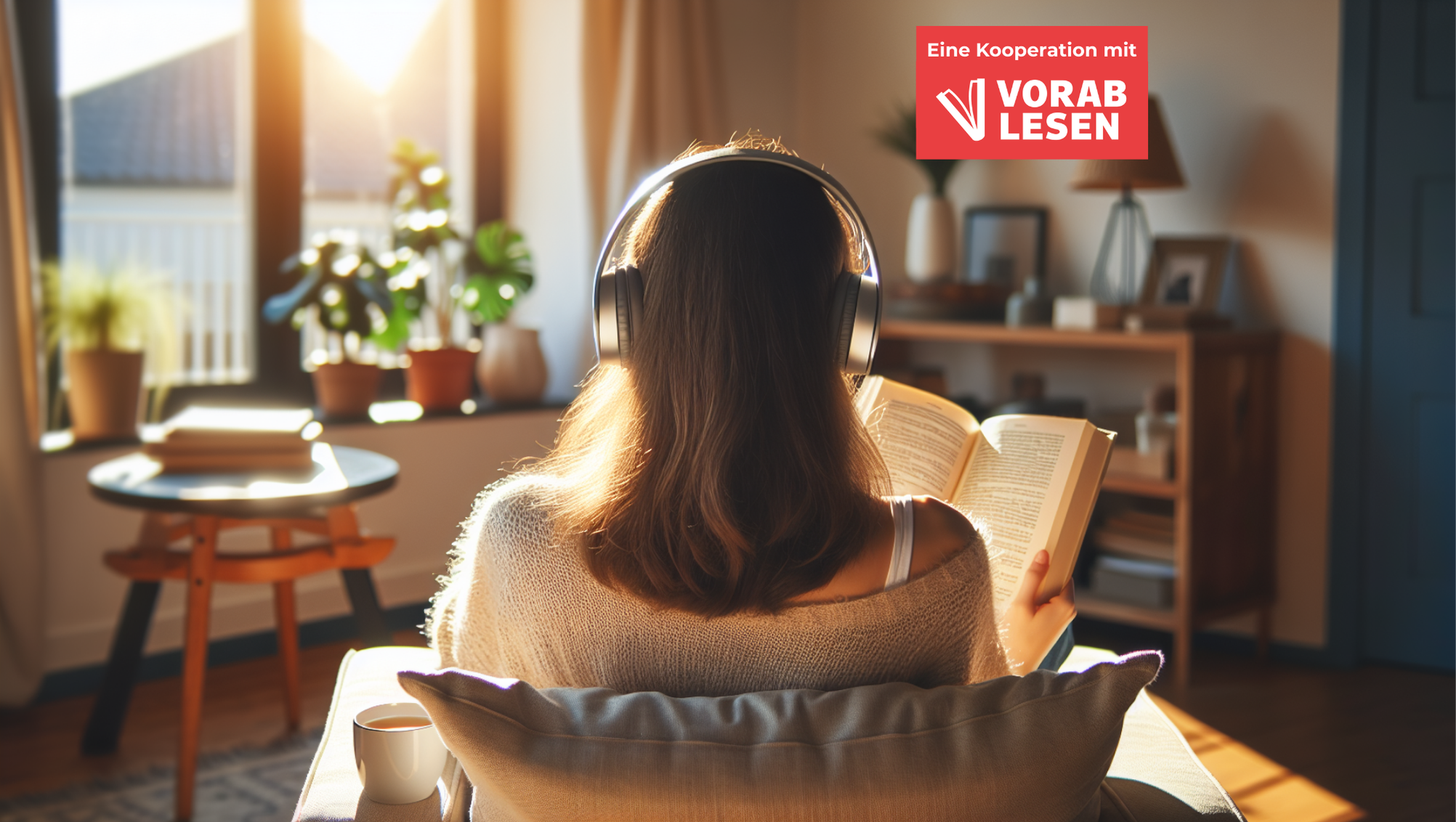 Frau liest Buch mit Kopfhörern