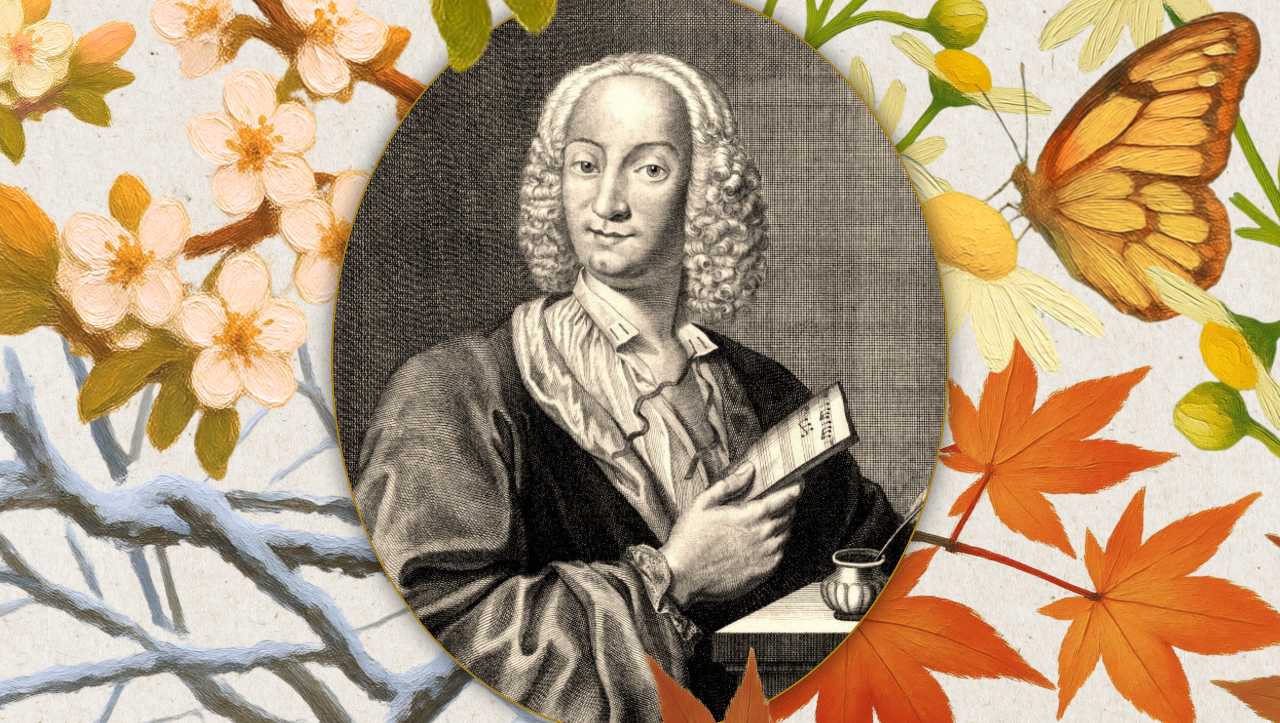 Darstellung von Vivaldi als Kupferstich vor den vier Jahreszeiten