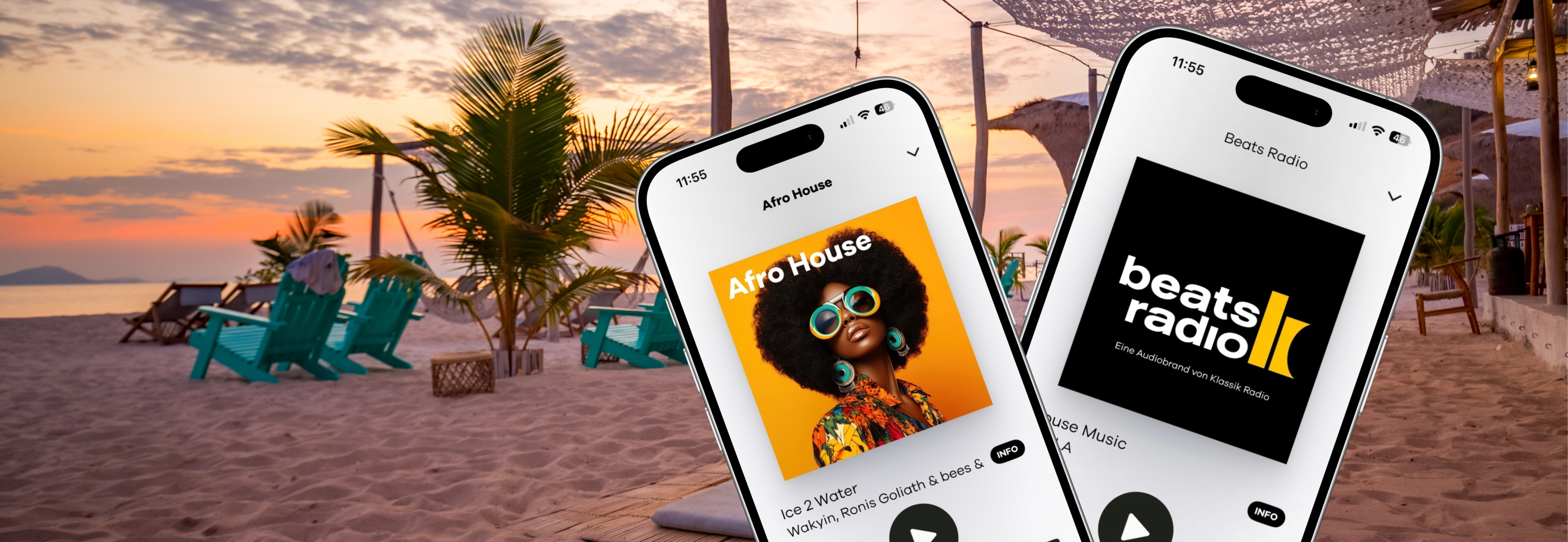 Beats Radio im Handy und im Hintergrund ein Strand bei Sonnenuntergang