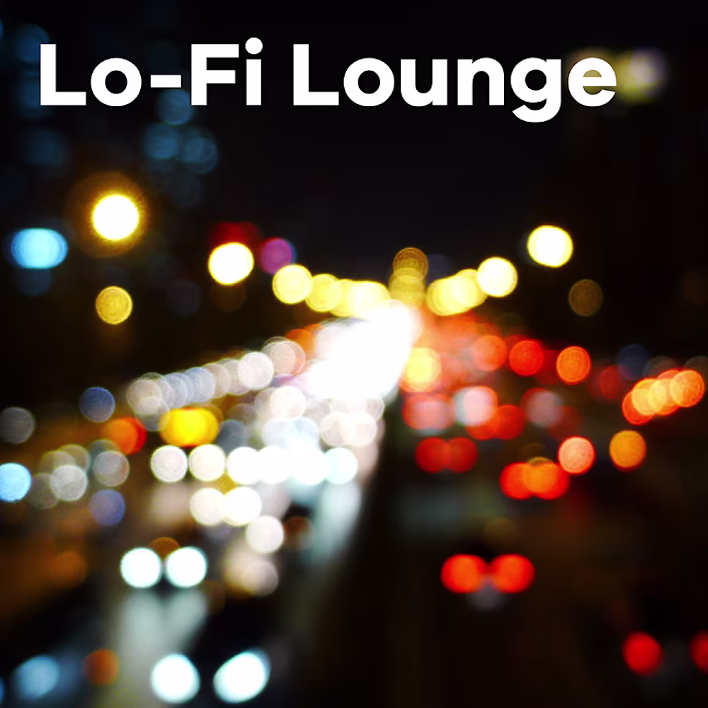 Lo-Fi Lounge mit verschwommenen Blikc auf eine volle Autobahn bei Nacht