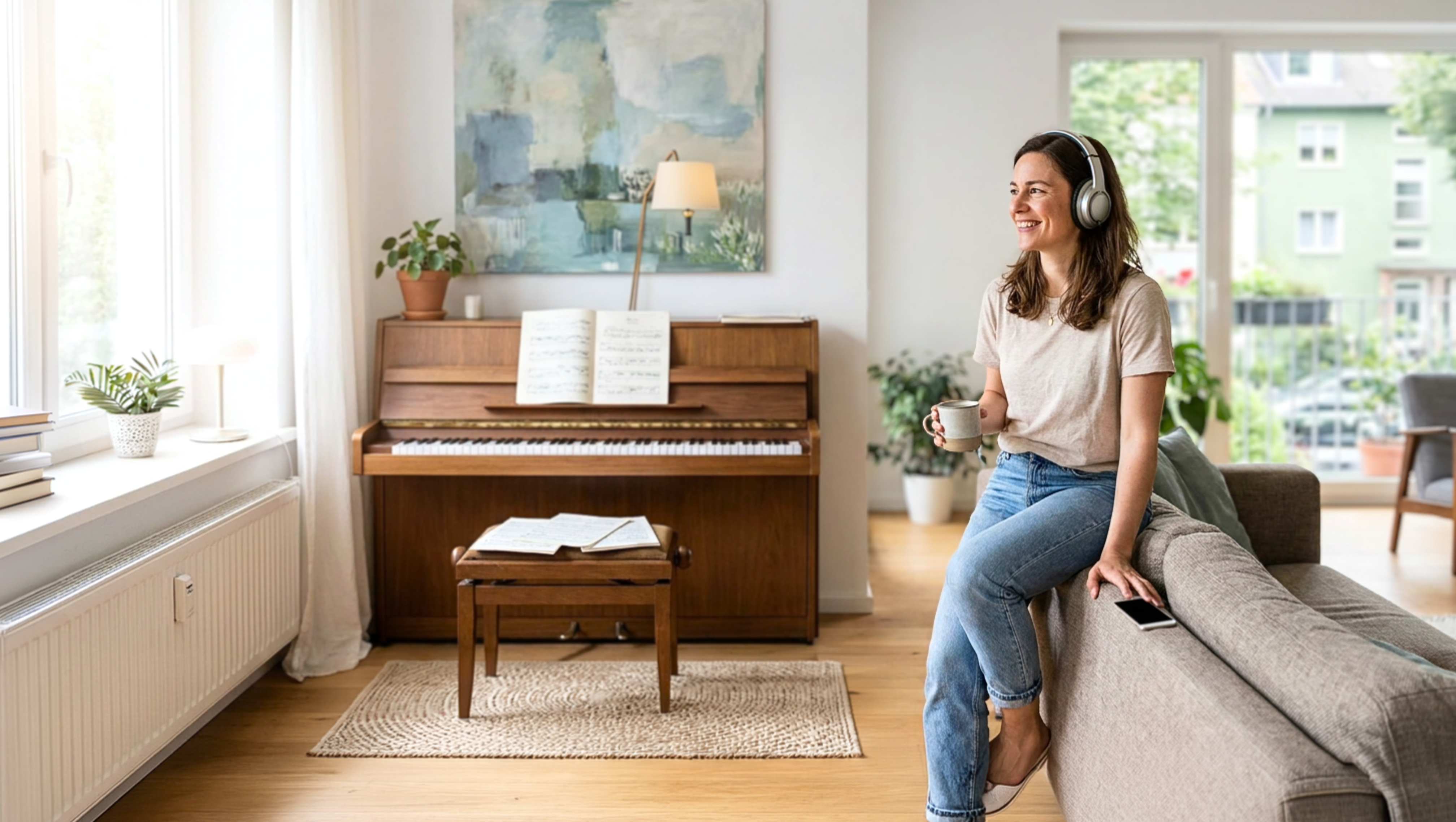 Frau trinkt Kaffee, hört dabei bekannte Klaviermusik mit Klassik Radio Plus.
