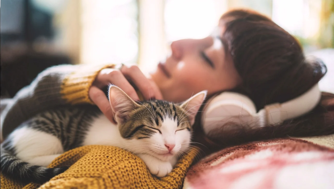 Frau kuschelt Katze mit Kopfhörer, kalt