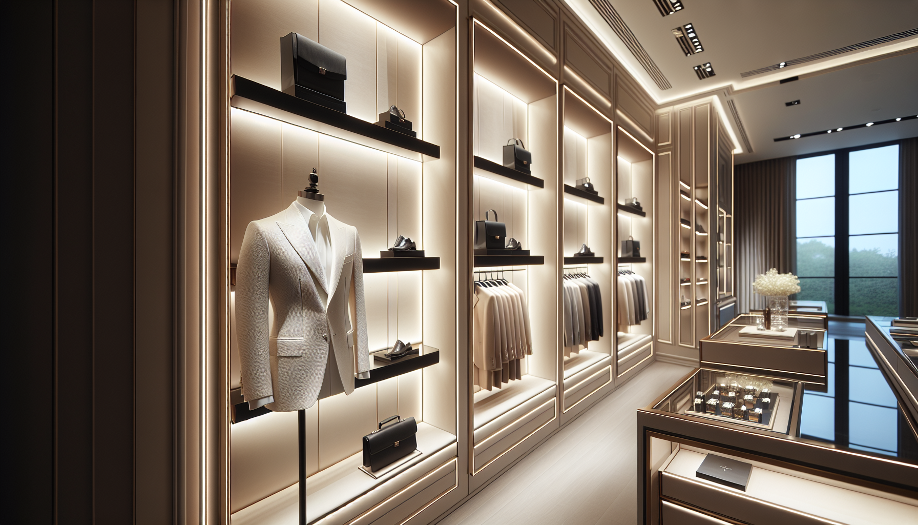 Blick in ein Modegeschäft, wo mehrere Oberteile präsentiert werden