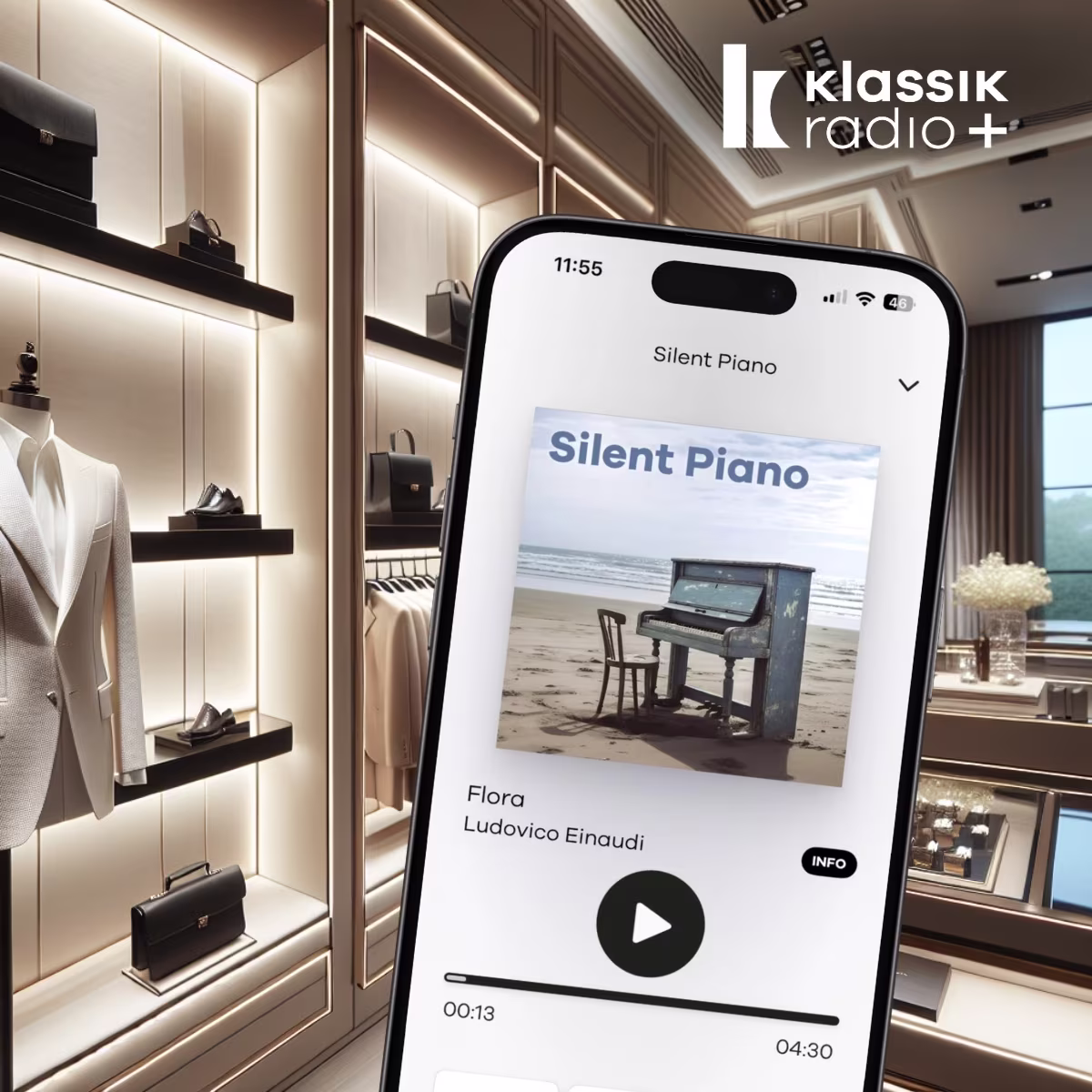 Modegeschäft mit Herrenmode und dazu der Sender Silent Piano
