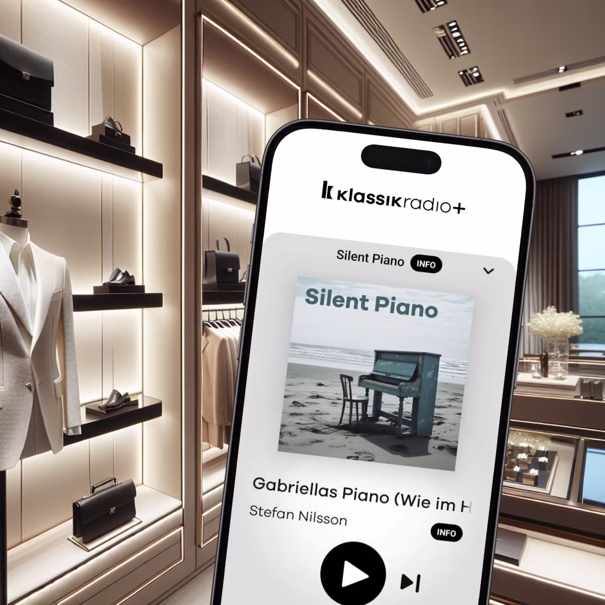Modegeschäft mit Herrenmode und dazu der Sender Silent Piano