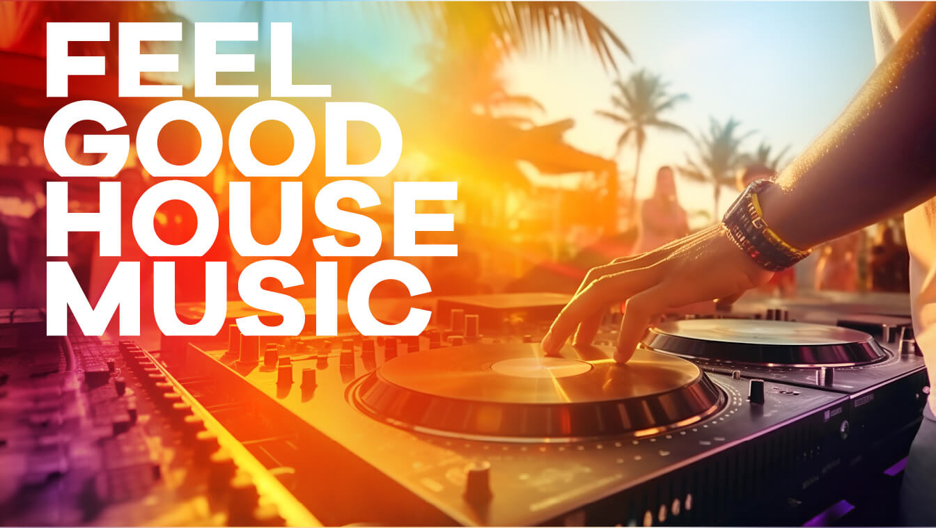 DJ legt House-Musik an Mischpult auf, Sonnenuntergang und Palmen im Hintergrund, Sommerparty-Stimmung