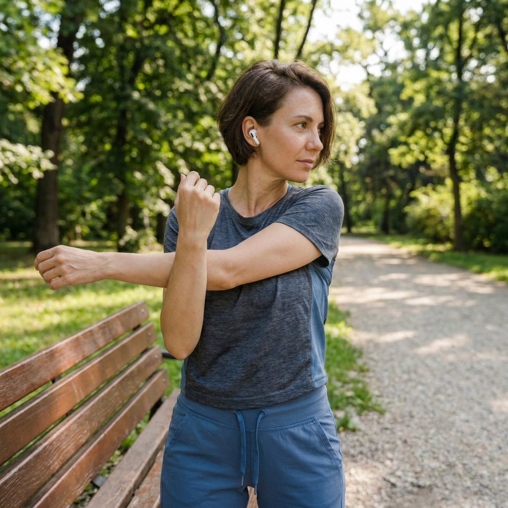 Eine Frau hört beim Sport im Park mit In-Ear Kopfhörern Entspannungsmusik.
