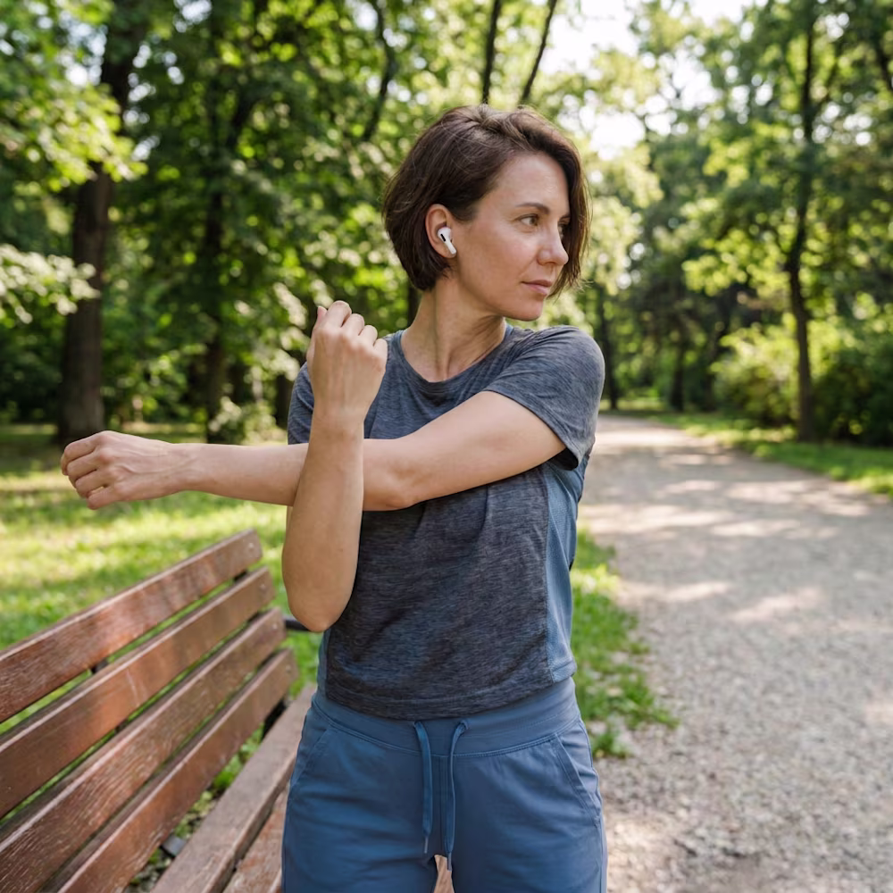 Eine Frau hört beim Sport im Park mit In-Ear Kopfhörern Entspannungsmusik.