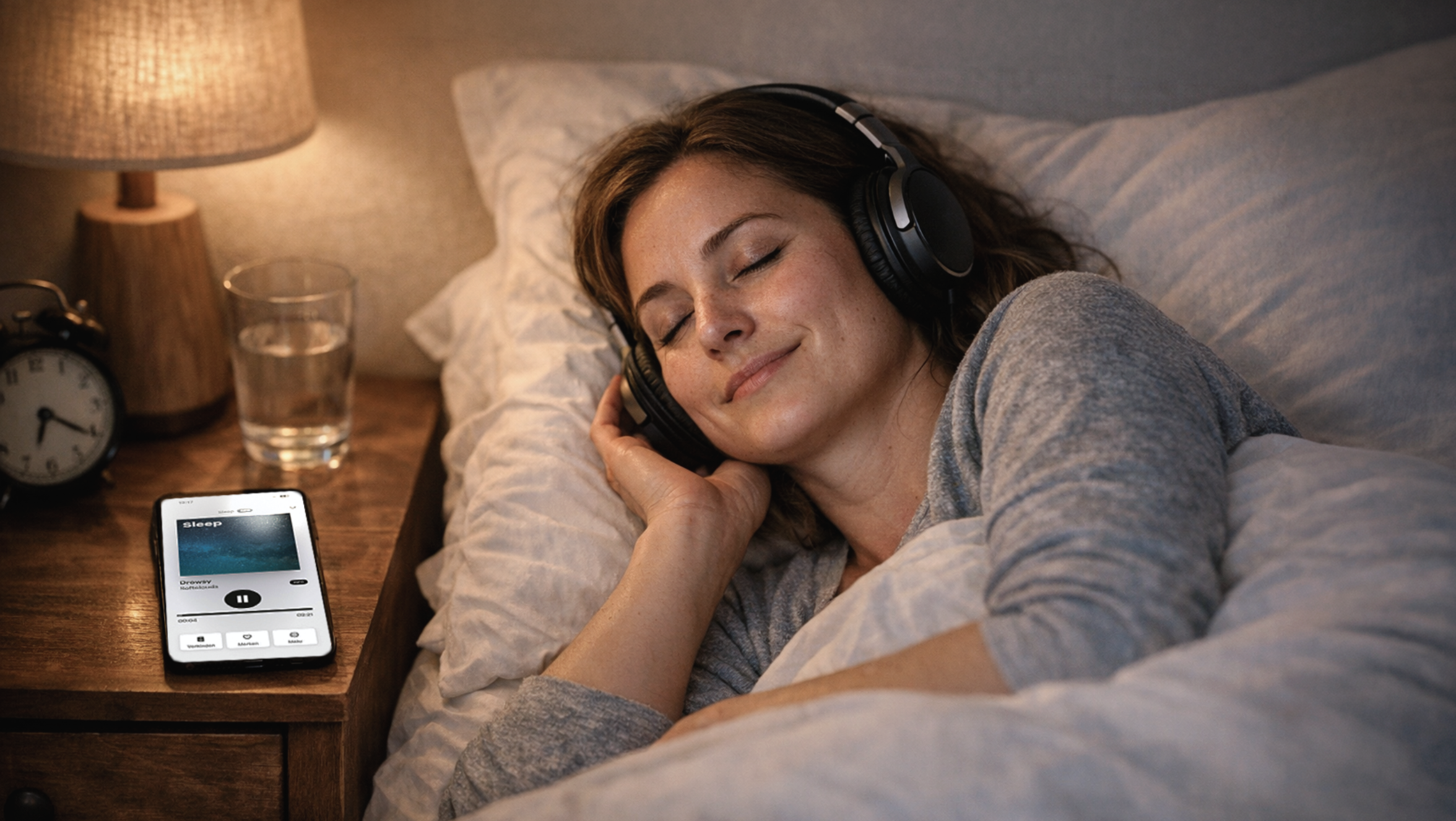 Frau die im Bett liegt und zu Musik einschläft