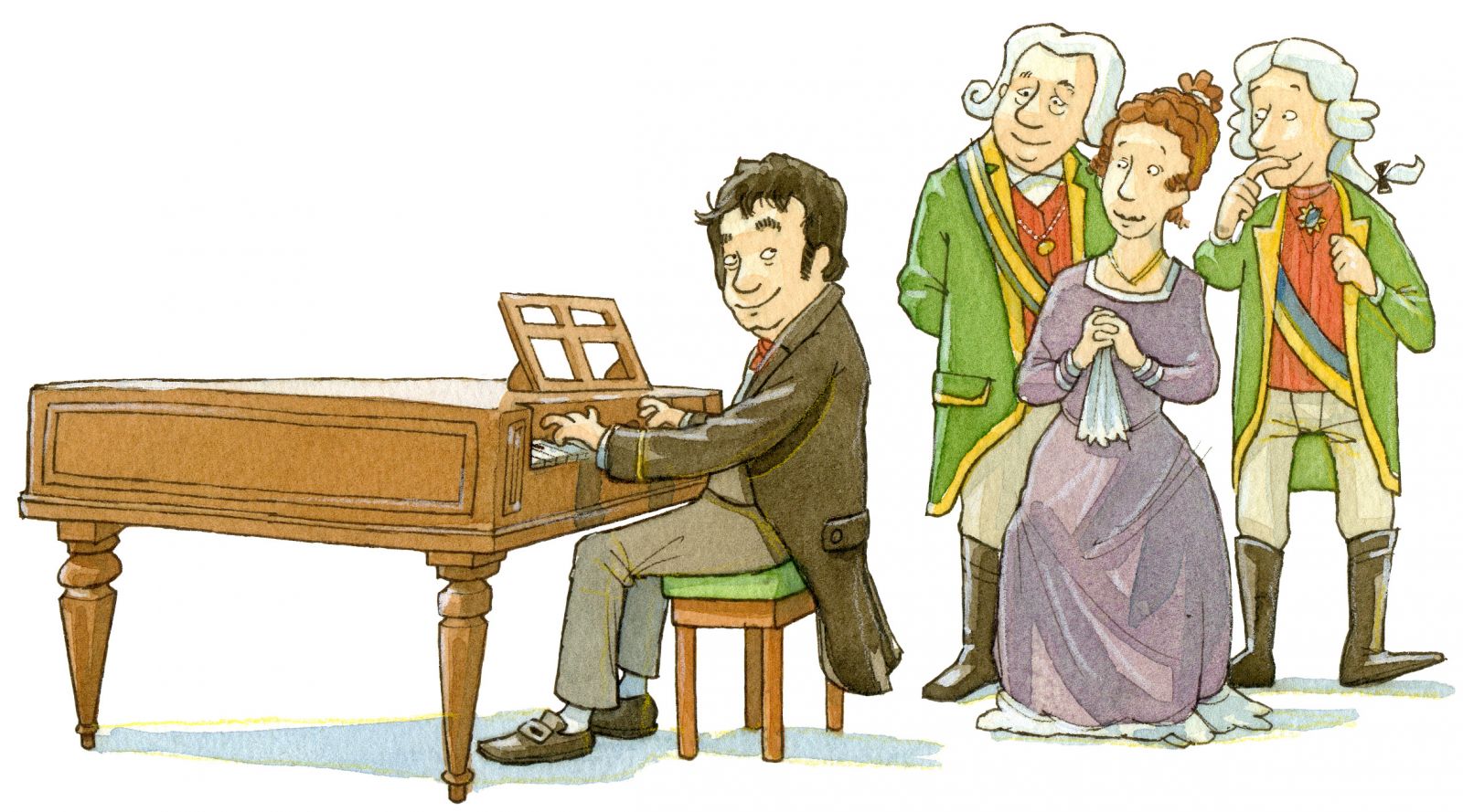 Beethoven als Comic, am Klavier sitzend, mit drei Personen 