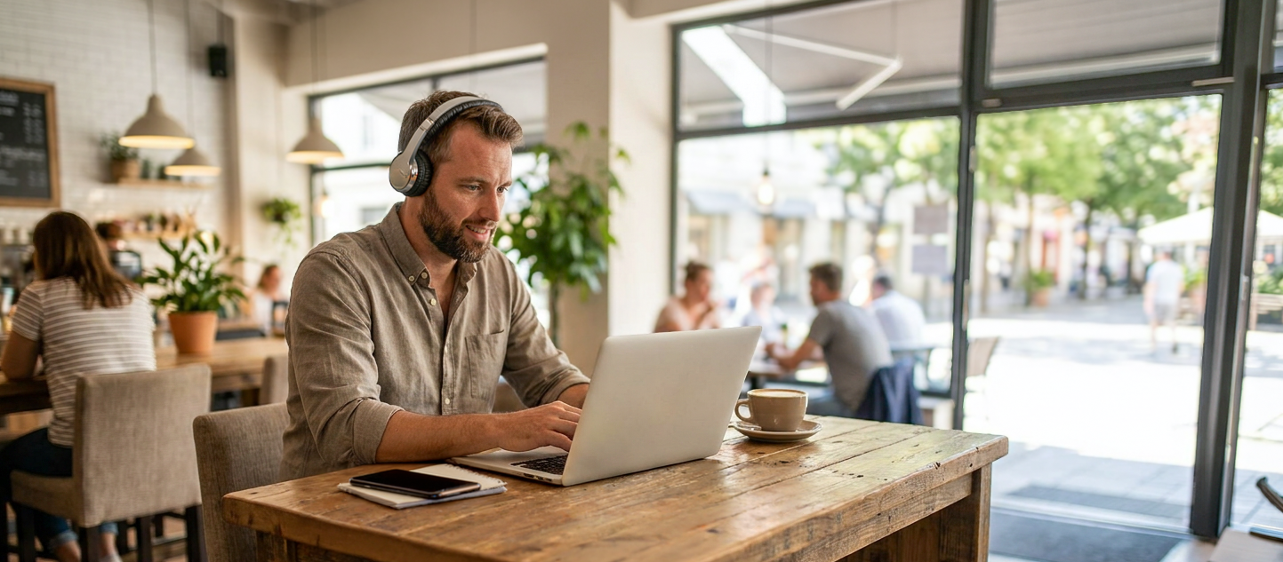 Mann der in einem Cafe am Laptop arbeitet und dabei mit Kopfhörern Musik hört.