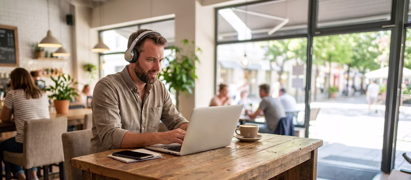 Mann der in einem Cafe am Laptop arbeitet und dabei mit Kopfhörern Musik hört.