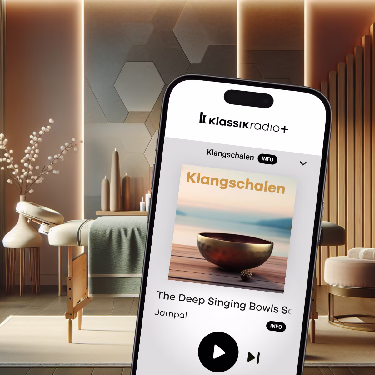Massage-Liege und Musik-Sender Klangschalen