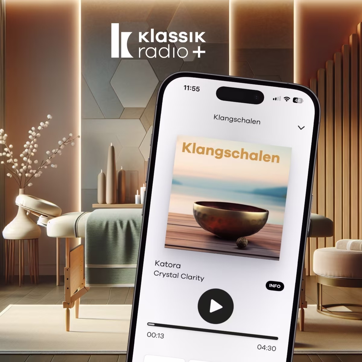 Massage-Liege und Musik-Sender Klangschalen