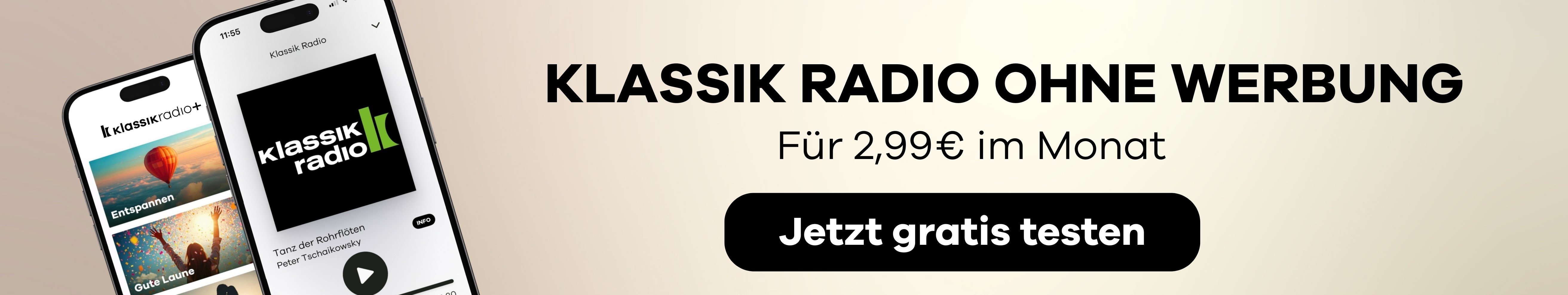 Klassik Radio ohne Werbung für 2,99€ im Monat // Banner ganze Breite