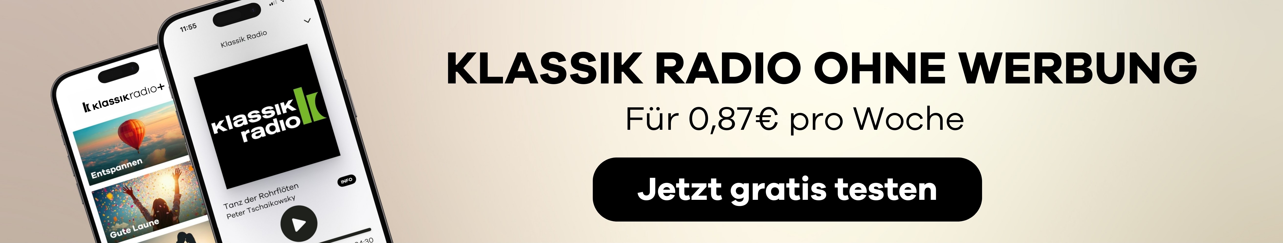 Klassik Radio ohne Werbung für 0,87€ pro Woche // Banner ganze Breite