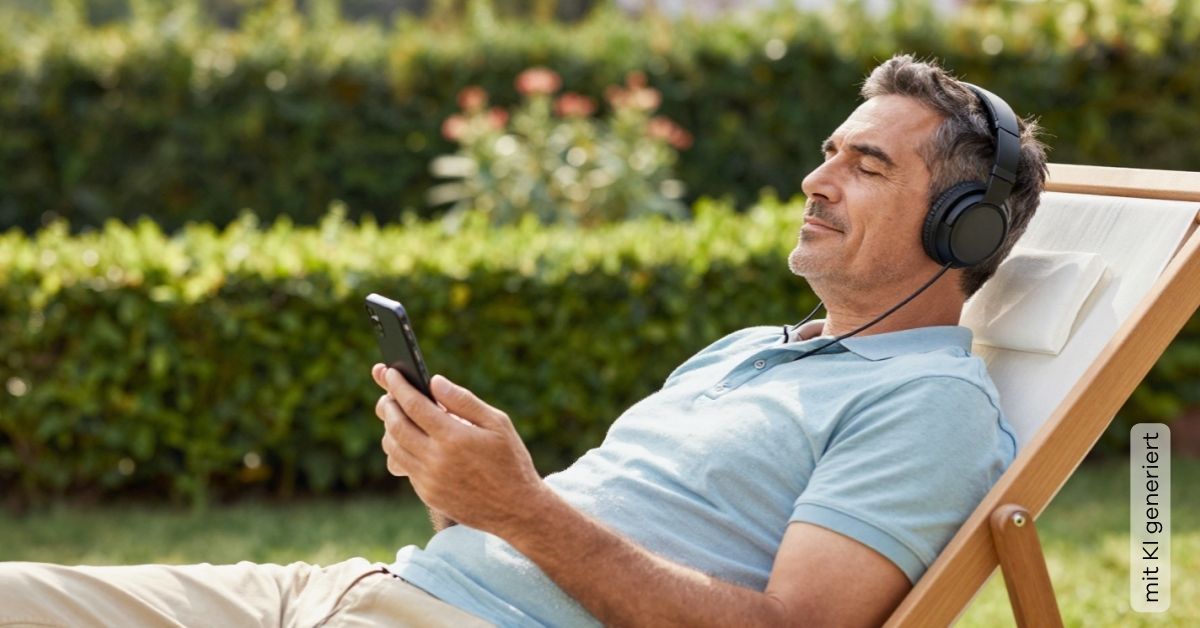 Mittelalter Mann liegt im Garten auf einer Liege und hört über das Handy Musik