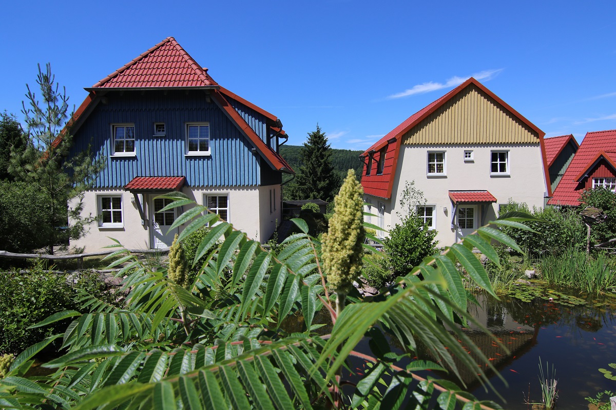 Zwei moderne Häuser mit roten Dächern und blauem Himmel, umgeben von grünen Pflanzen und Teich im Vordergrund
