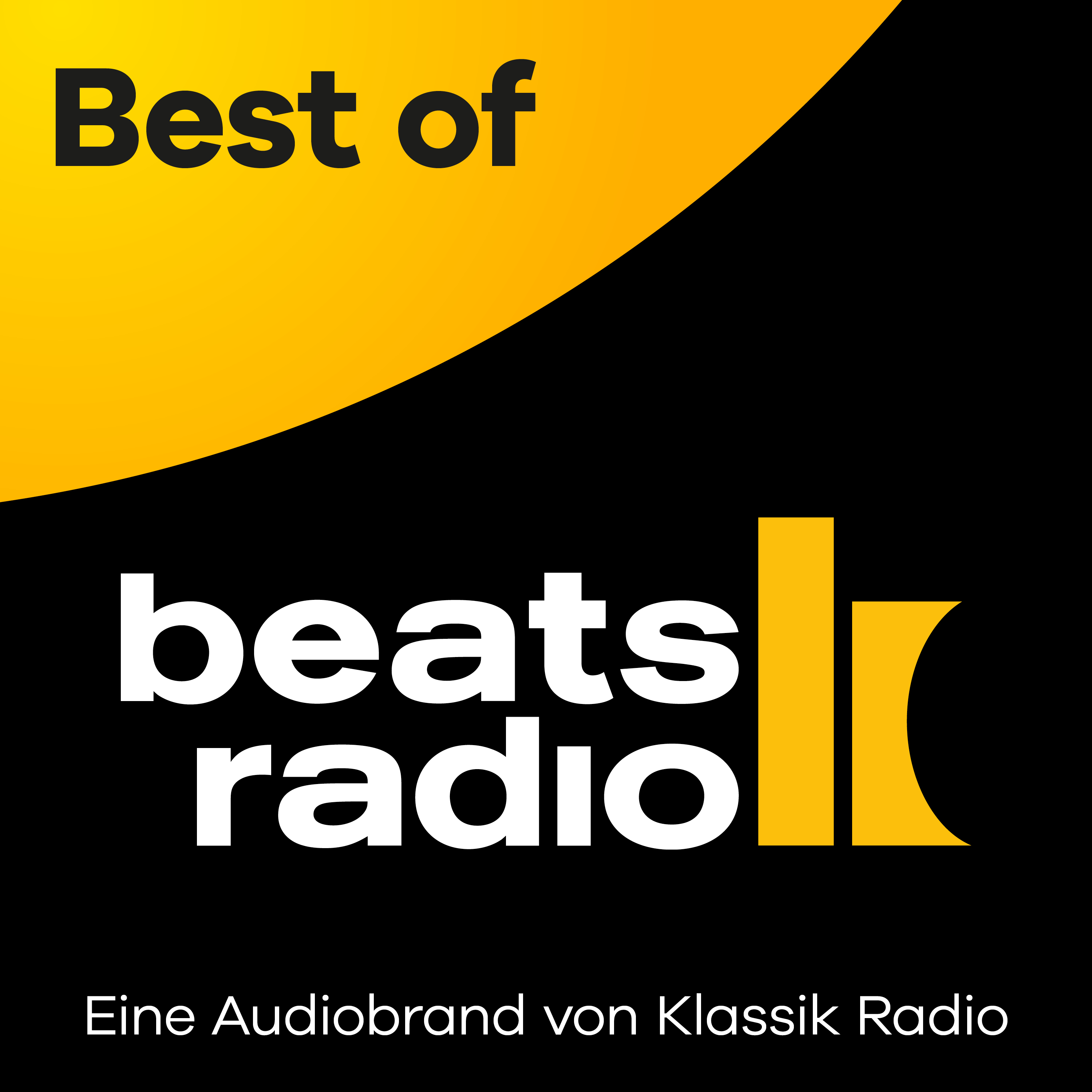 Schriftzug „Best of beats radio“ mit gelbem Logo und Text „Eine Audiobrand von Klassik Radio“ auf schwarzem Hintergrund