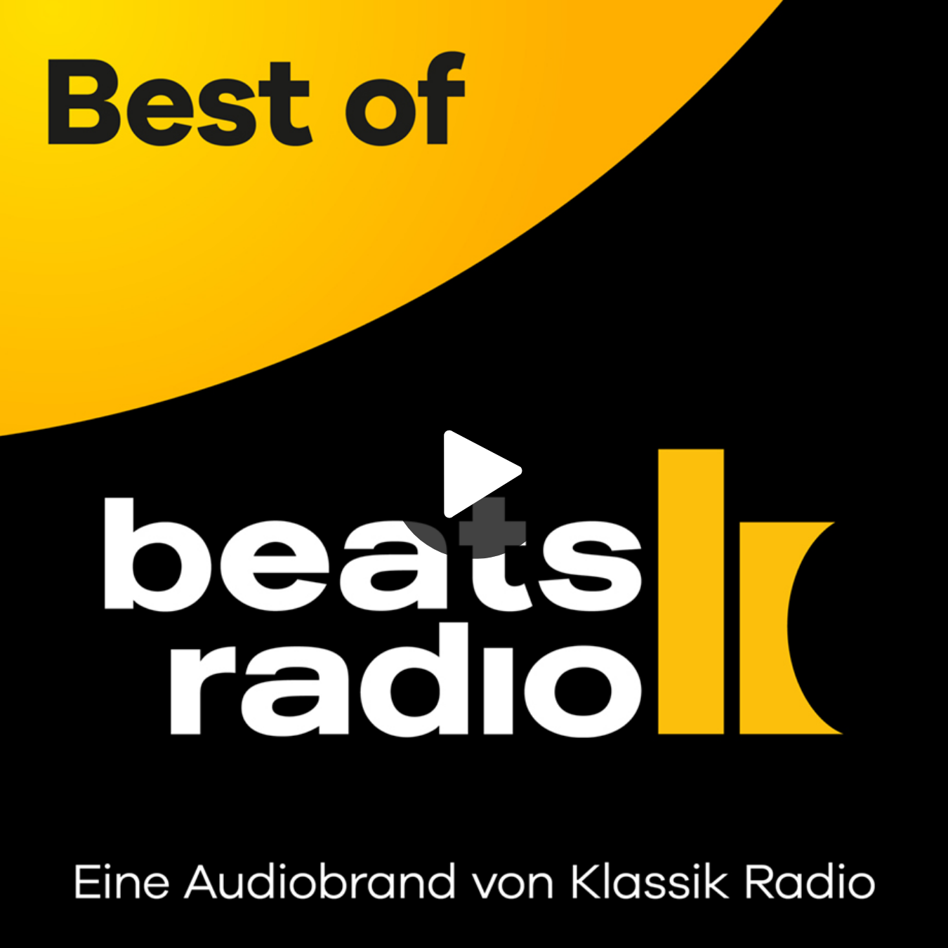 Schriftzug „Best of beats radio“ mit gelbem Logo und Text „Eine Audiobrand von Klassik Radio“ auf schwarzem Hintergrund