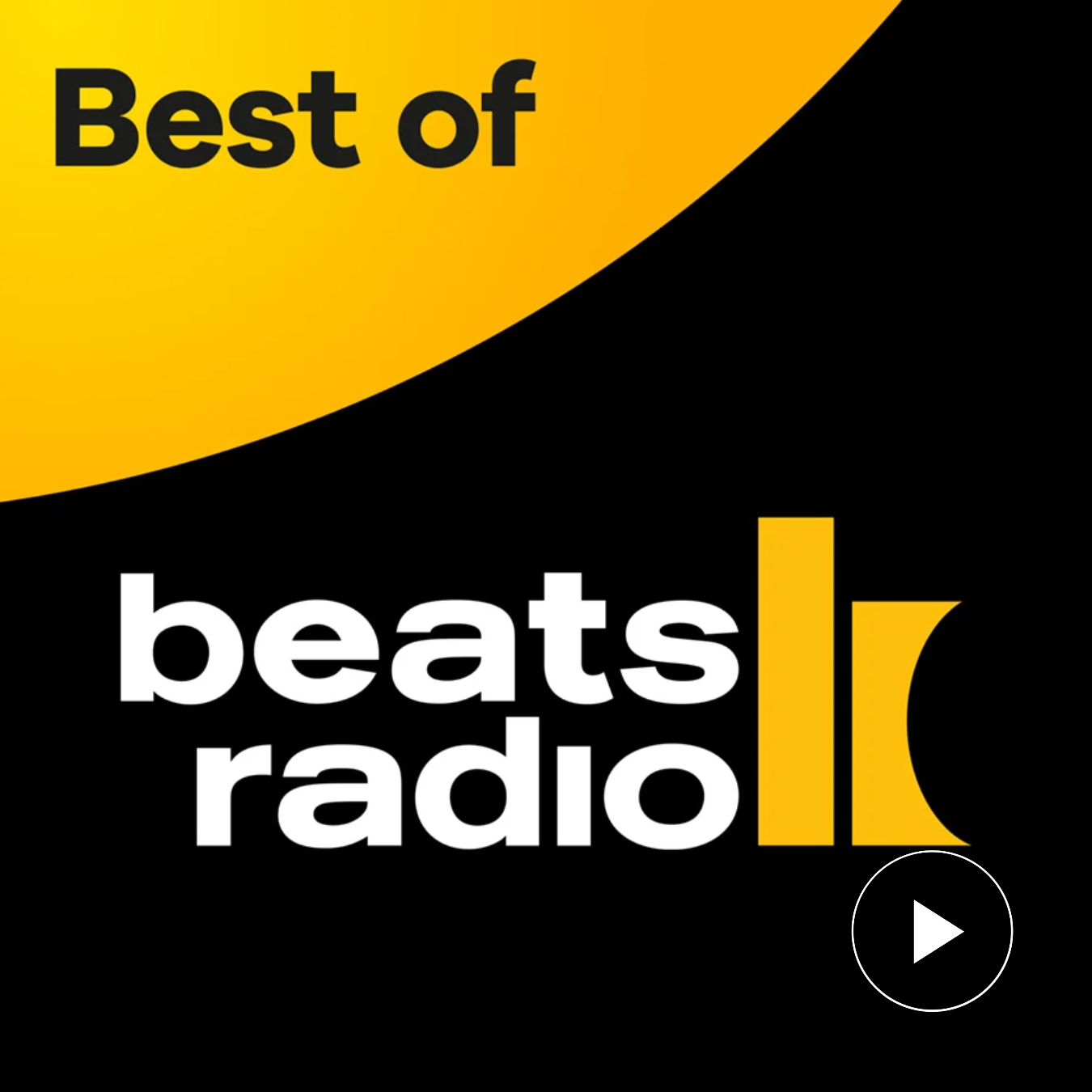 Schriftzug „Best of beats radio“ mit gelbem Logo und Text „Eine Audiobrand von Klassik Radio“ auf schwarzem Hintergrund